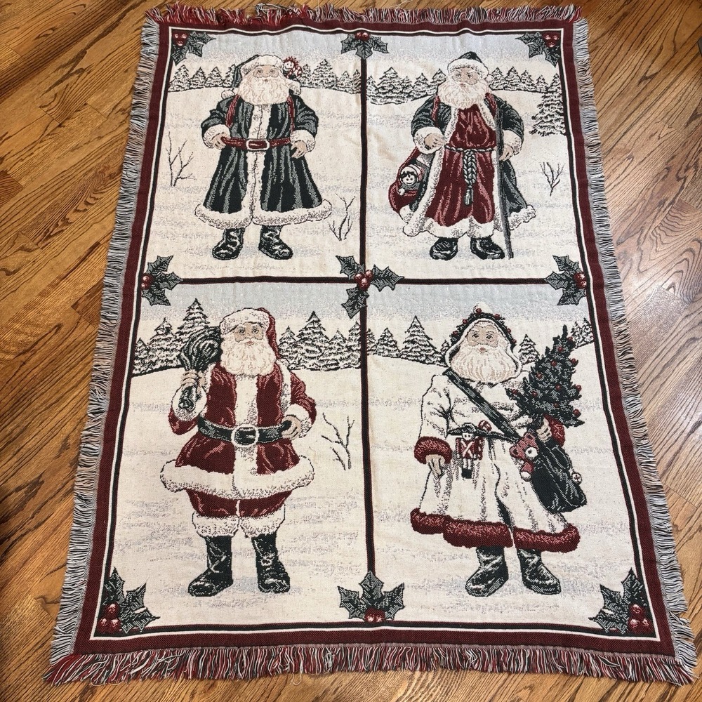 Goodwin Weavers Vintage Santa Woven Afghan Throw Blanket Christmas Fringe Throw
